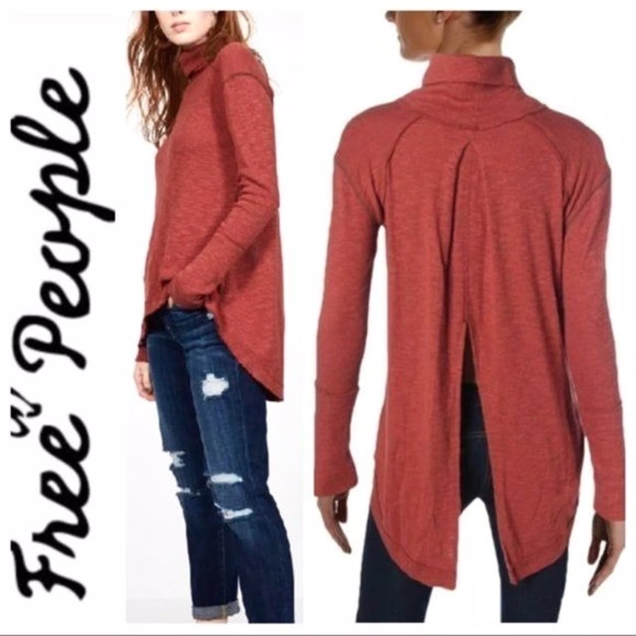 Free People Split Back Rust Turtleneck Sweater Sm… - image 1