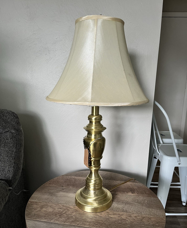 Gold Metal Table Lamp w/ Beige Solid Bell Fabric Shade, Rotary Switch, Corded