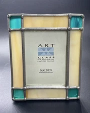 Malden Mini Green & Cream Stained Art Glass Photo Picture Frame   3”x 3 5/8”