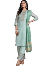 Women's Chanderi Silk Embroidered Kurta Palazzo and Dupatta Set