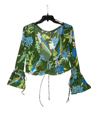 NWT Free People Of Paradise Top Sz XS Palm Combo Floral Boho Bell Sleeve Blouse