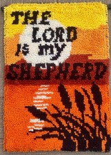 Vintage Latch Hook Wall Hanging  The Lord Is My Shepherd  Sunset 25x17.5