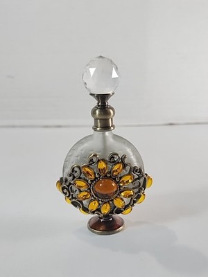Vintage Mini Glass Perfume Bottle Ornate Gold Crystal Screw Top Wand Bottle 3.5 