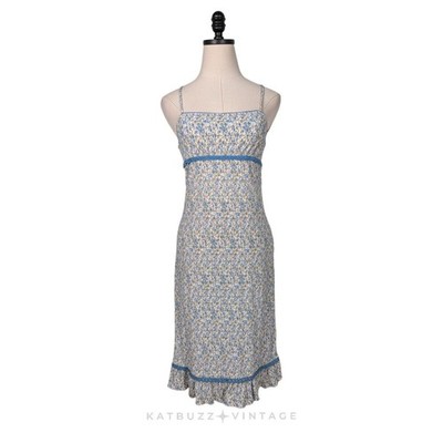 Y2K Mini Babydoll Mini Dress M Blue Floral Dainty Cottage Empire Ruffle Sundress