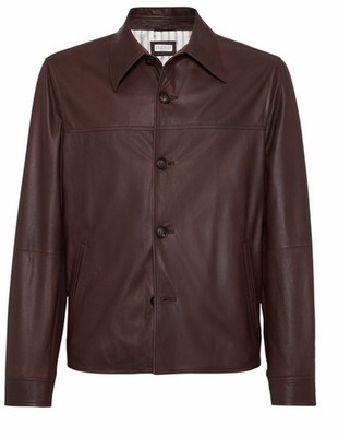 NWT $7250 Brunello Cucinelli Nappa Leather Overshirt 56 IT
