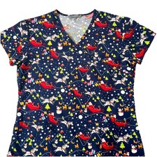 Serene Uniforms Womens Scrub Top L Blue S/S Festive Christmas Santa Unicorns