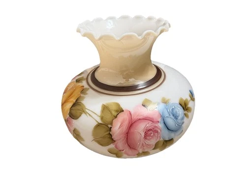 Vintage Hand Painted Milk Glass Hurricane Style Lamp Shade Floral Roses (7")