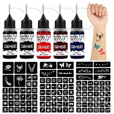 Temporary Tattoo Kit 5 Bottles Color Inks,115 Pcs Stencils Kit for Body Paint DI