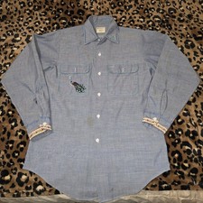 Big Mac Penn-Prest Blue Embroidered Peacock 1970s Button-Front Long Sleeve Shirt