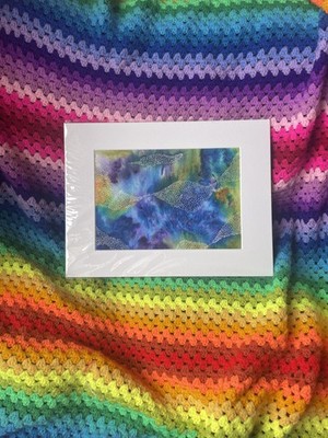 BLAU GRÜN GELB Original Abstraktes Aquarell Bunt A4 Weiß Montierung