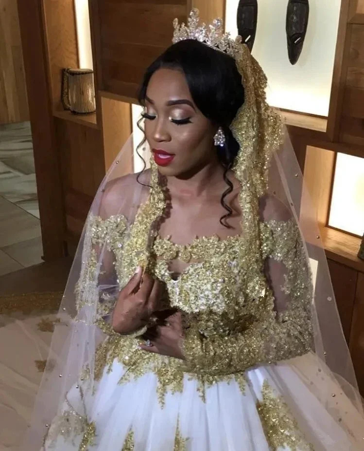 White And Gold Wedding Dresses African Appliqued Sheer Long Sleeves Chapel  Train | eBay