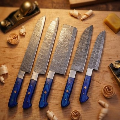 Handmade Damascus Chef Knife Set 5Pc Shard Blade Blue Wood With Leather Roll
