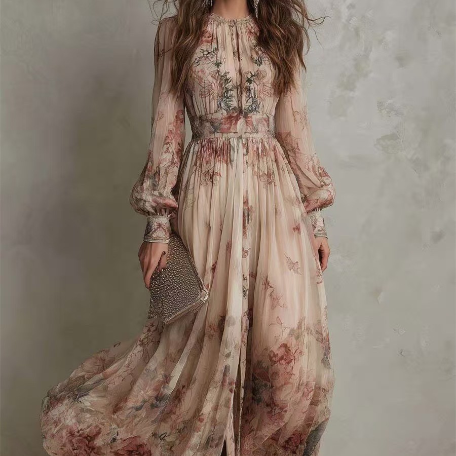 floral print flared sleeve pleated chiffon dress Retro Printed Crew-Neck Long-Sleeve Waist Dress++ Color:Cayman Blue YGroup_wrapdress Lilac Junior Bridesmaid Dresses Formal dresses Featuring long