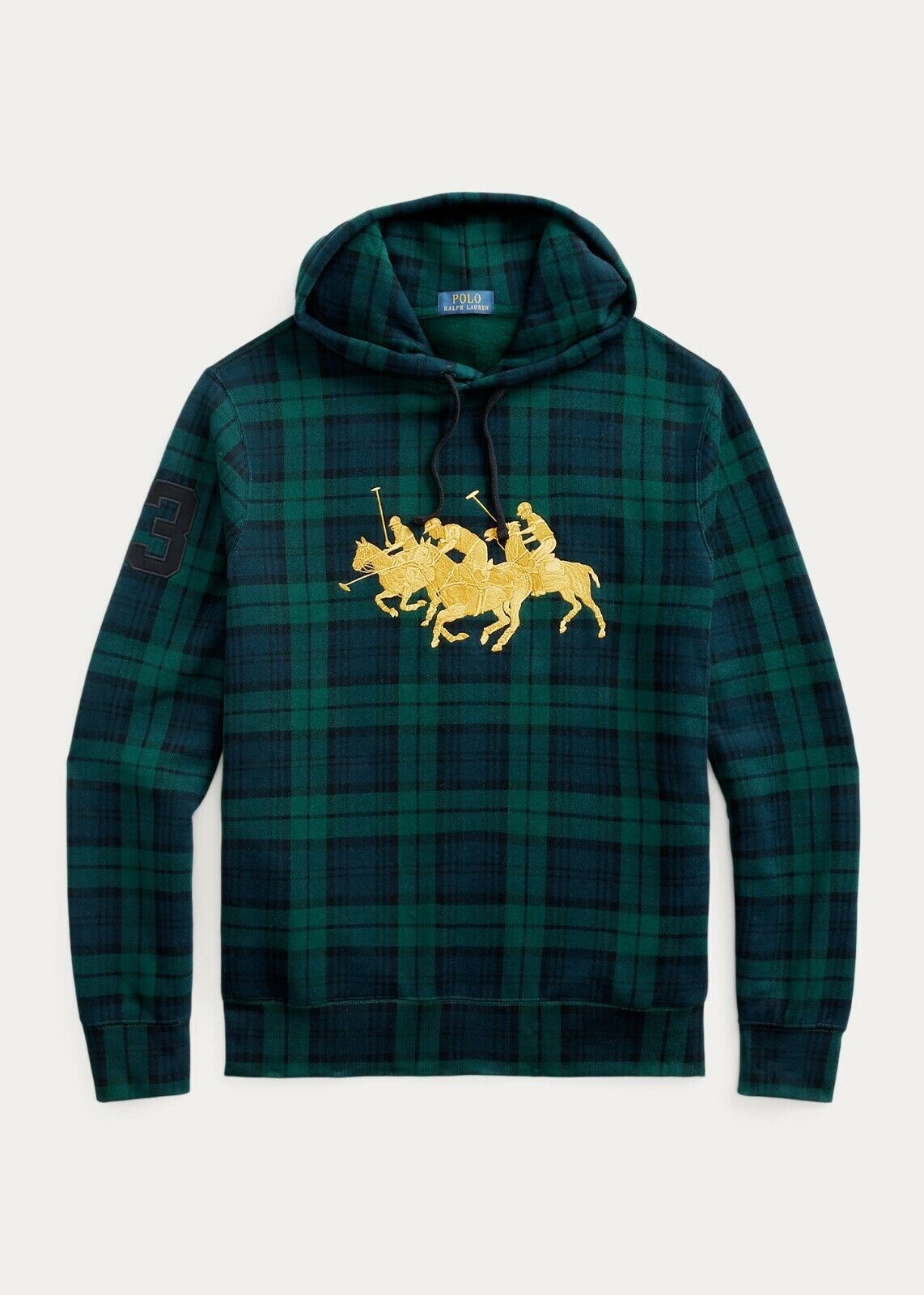 POLO RALPH LAUREN Felpa con cappuccio uomo verde tartan a quadri oro triplo pony pile