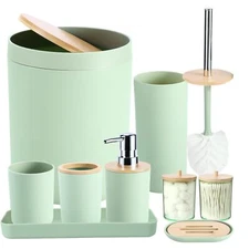 iMucci 9Pcs Pastel Green Bathroom Accessories Set - with Trash CanToilet Brus...