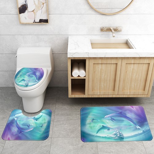 Shower Curtain Bathroom Rug Non-Slip Dolphin Thick Bath Mat Toilet Lid Cover  - Picture 2 of 14