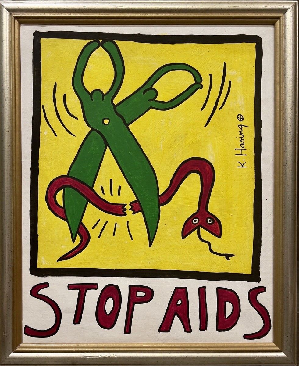 KEITH HARING アート作品 未使用 Keith Haring Oil painting, signed. “Stop AIDS.” W/appraisal