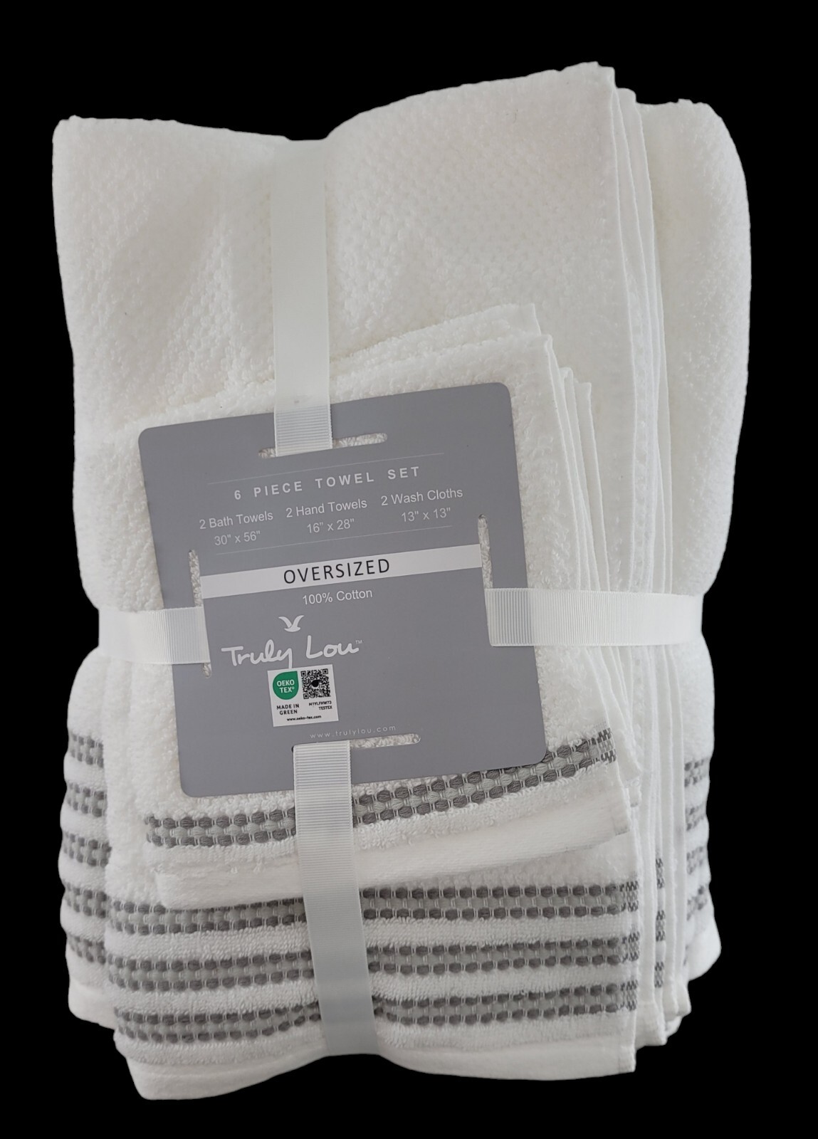 TRULY LOU SET OF 6 PC WHITE OVERSIZED COTTON 2 BATH,HAND TOWEL,WASH