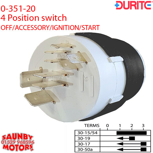 Durite 0-351-20 4 Position Ignition Switch Off/Accessory/Ignition/Start