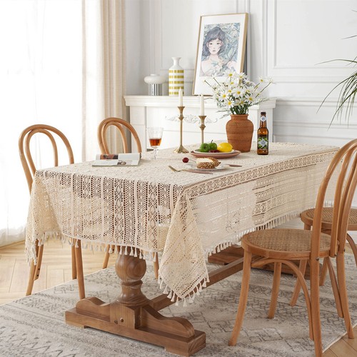 Retro Square Off White Lace Tassel Crochet Doily Table Runner Cloth Placemat - Picture 3 of 4