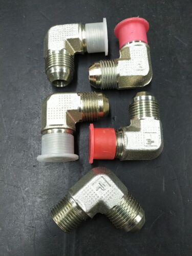 (5) Parker 8-6 CTX-S Hydraulic Adapter Elbow Male 1/2" JIC-08 to Male 3/8" NPT