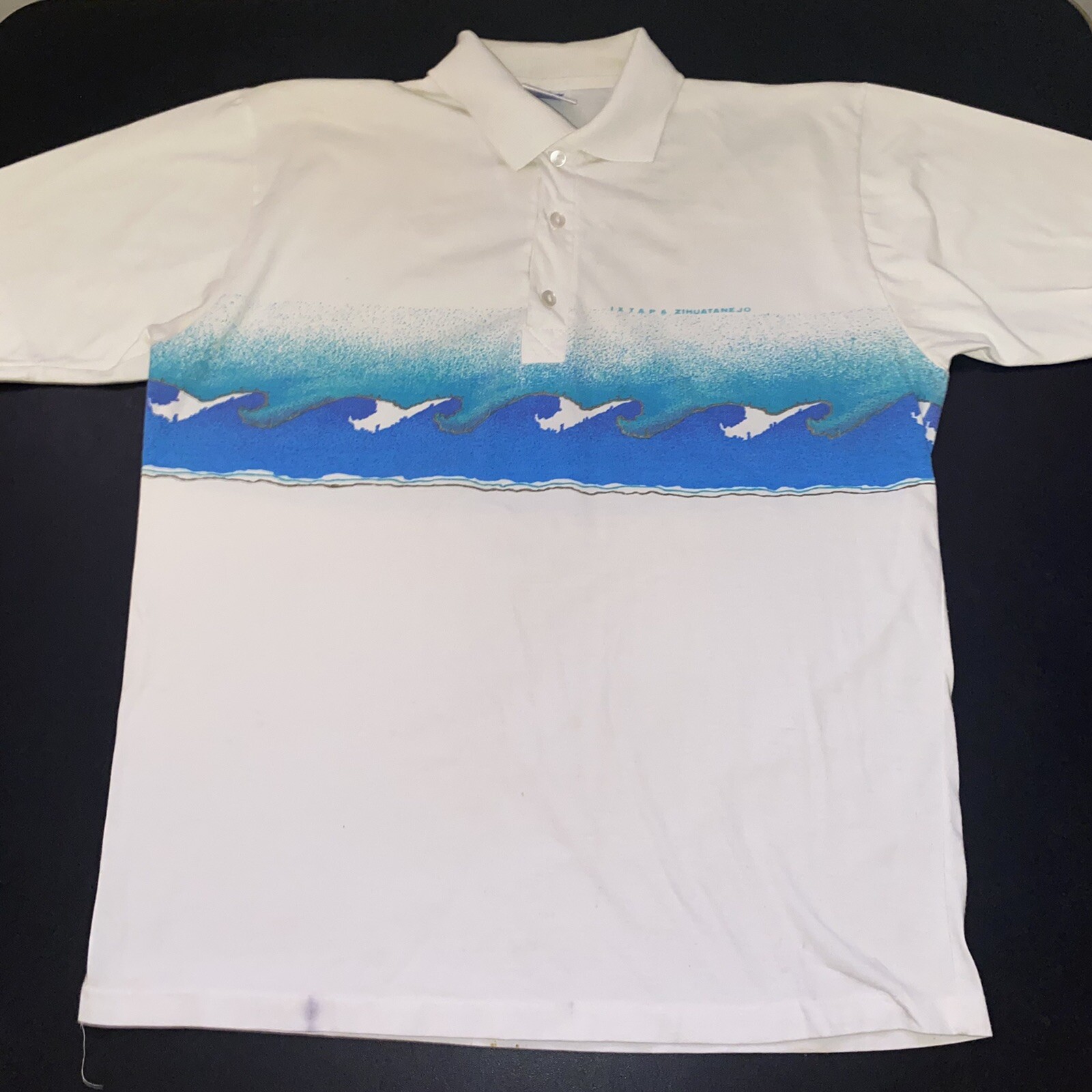 Marea Sport Shirt White Blue Size 44 VTG 80s  90s Single Stitch Short Sleeve Pol