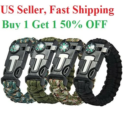 Premium Paracord Bracelet - Survival Gear - Fire Starter, Whistle, Compass  | eBay