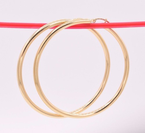 3mm X 60mm 2 3/8" Large Plain All Shiny Hoop Earrings REAL 14K Yellow Gold 4.8gr