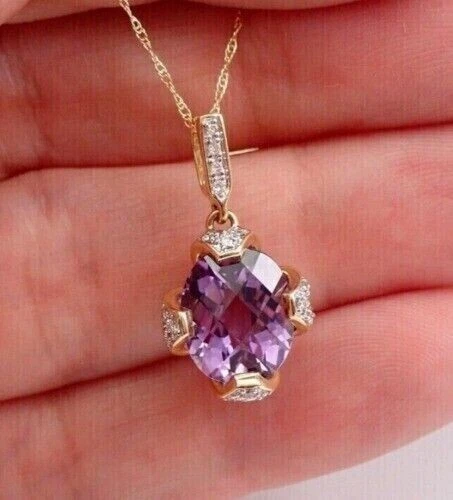 2 Ct Oval Cut Simulated Amethyst Women's Pendant Necklace 14K Yellow Gold Plated - Image 3 of 4
