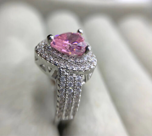 2.0Ct Pink Heart Cut CZ Double Halo Wedding Proposal Promise Ring 925 Silver - Picture 2 of 2