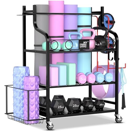 Yoga mat and home gym storage rack for dumbbells kettlebells foam rollers