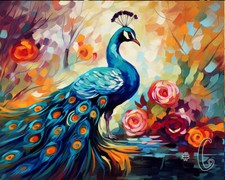 Peacock in the Forest Printed Needlepoint Canvas Vibrant Plumage Amidst Trees