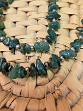 Vintage Necklace Nephrite Jade Stones Silver Beads ,24" Handmade .