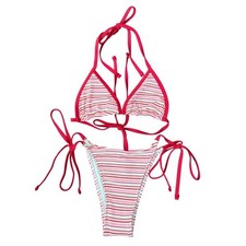 VS PINK Frankies Bikinis Red Striped Ribbed Triangle Bikini Set M/L NWT High Leg