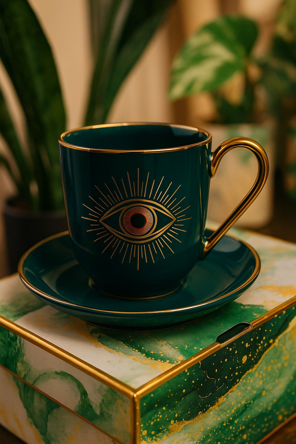 ✨ Evil Eye Teacup & Saucer Set Emerald Green Gold Trim Espresso Coffee Cup