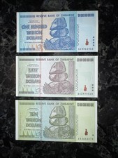ZIMBABWE  Set of 3 Zimbabwean Dollar Banknotes  10  50 100 Trillion UNC