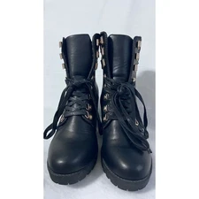 Womens Black Combat Lace Up Chunky Heel Boots Size 8.5 Buckle Detail