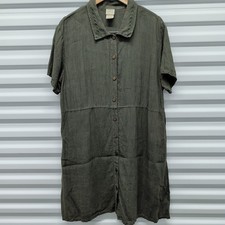 Marc Ware Size L Women Olive Green 100% Linen Embroidered Collar Shirt Dress