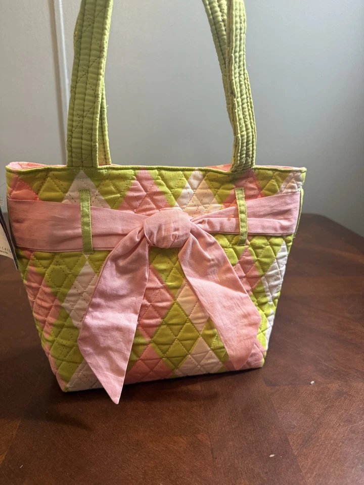 C&F Quilted Tote Bag Pink Green Argyle Bow Preppy Cottagecore Purse - Image 2 of 4