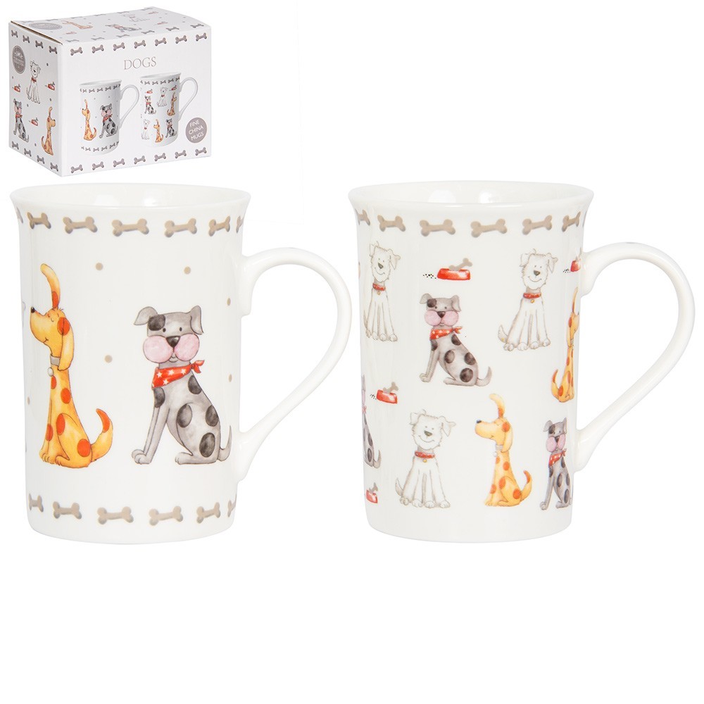 2 DOG MUGS SET, GIFT BOXED PRESENT DESIGNER DOGS CHINA MUG SET LATTE COFFEE TEA