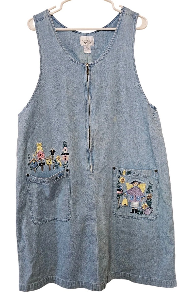 christopher and banks denim dress Christopher Banks Denim Dress Jumper Pottery Birdhouse Grandma Chic Size Medium