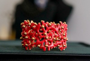 Authentic Kenneth Jay Lane 18K Gold-Plated Red Enamel Coral Motif Bracelet
