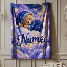 Sleeping Teddy Bear Personalized Coral Fleece Blanket Nursery Decor