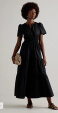 Quince Organic Cotton Poplin Black Tiered Maxi Dress Puff Slv Sz S Quiet Luxury