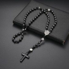 Classic Bead Necklace Black Cross Pendant Necklace  for Men and Women
