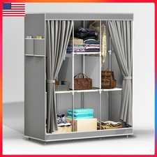 Portable Closet Wardrobe Clothes Rack Storage Organizer Movable w/ Shelves Gray