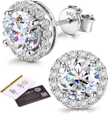 Moissanite Halo Earrings Studs : 18K Gold Plated Solid 925 Sterling Silver Stud 