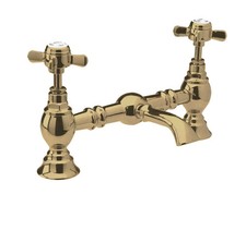 Traditional Bathroom Crosshead 2 Tap Hole Bridge Basin Mixer Tap - Brushed Brass