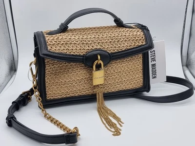 STEVE MADDEN Black & Beige Straw Bstarri Cross Body Bag with Metal Padlock - Image 1 of 4
