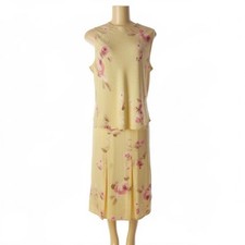 VINTAGE RENA ROWAN YELLOW FLORAL 100 SILK PLEATED SKIRT  BLOUSE SZ 14W